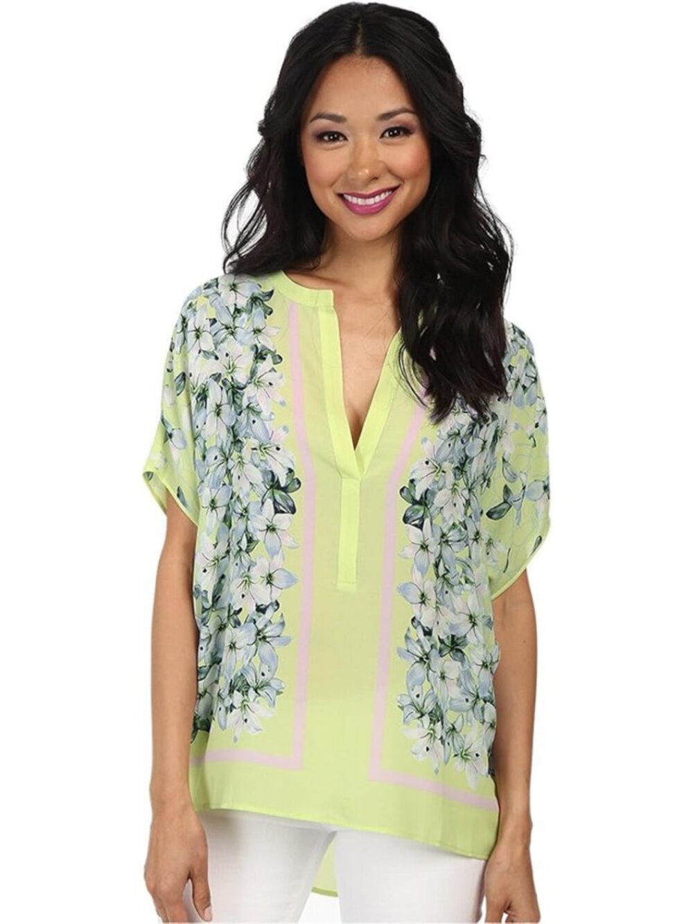 BCBGMaxazria Yellow Floral Ayanna Relaxed Fit Scarf Top Women Medium